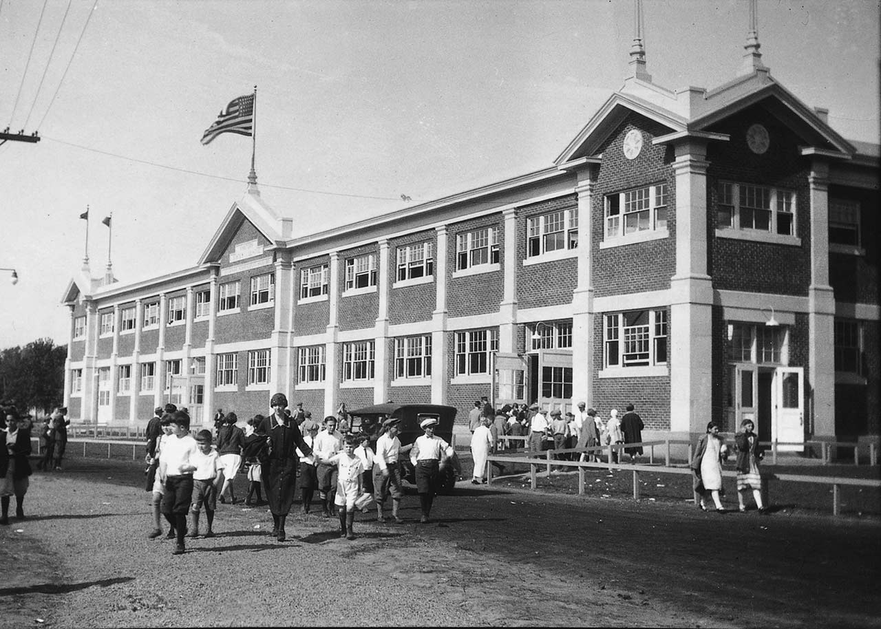 Historical photo of students walking on Big Fair Grounds